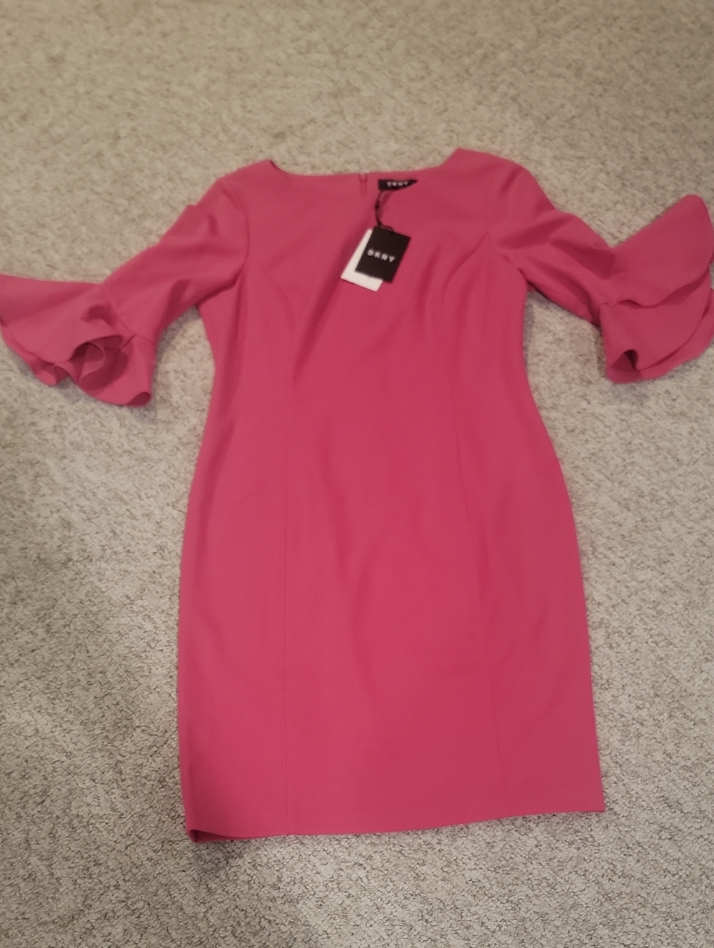 DKNY Hot Pink Ruffle-Sleeve Midi Sheath Dress